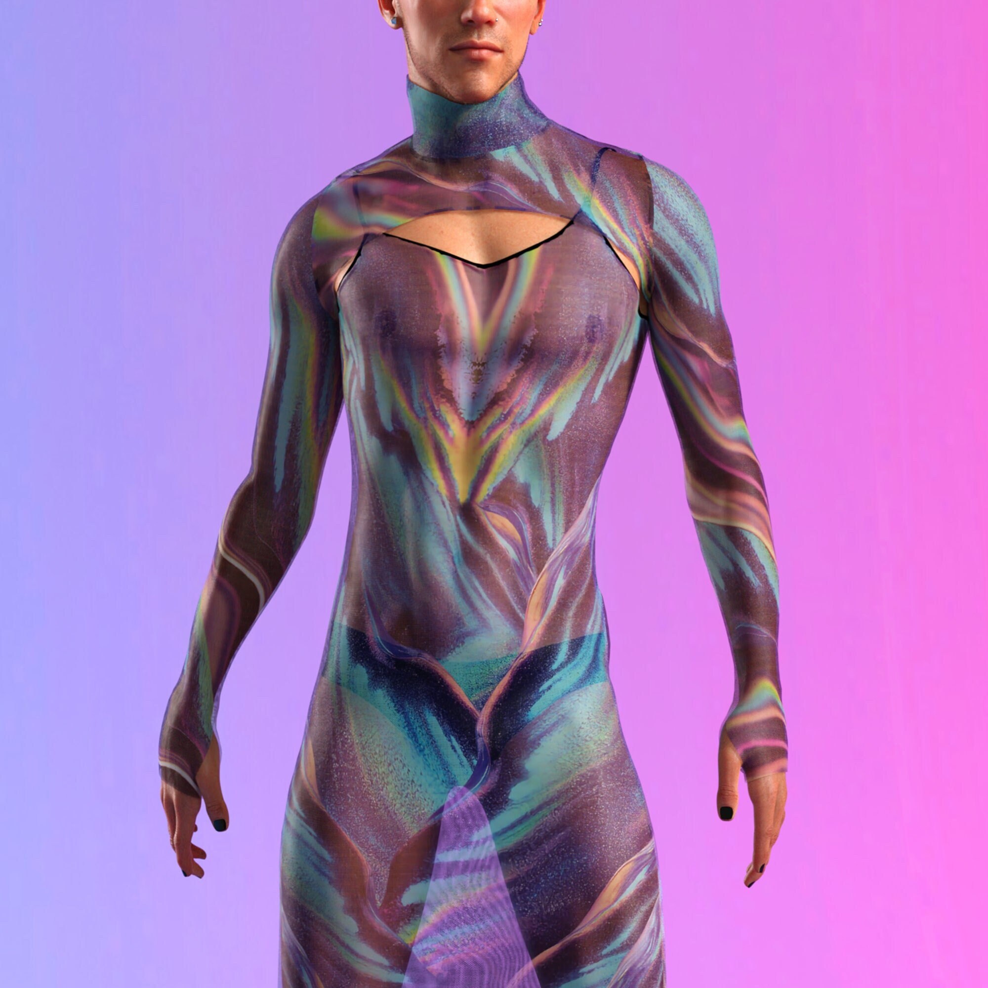 Male Long Sleeve Shrug Mesh Rave Dress, Festival Shrug Long Dress For Men, Festival Outfit Men, Male Rave Outfit, Transparent Dress For Men
