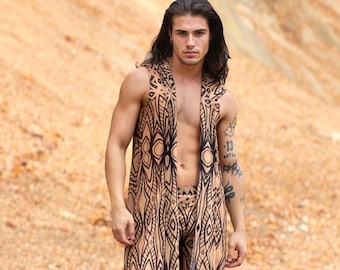 Festival Male Outfit, Burning Man Clothing, Psychedelic Rave Wear, Men’s Mesh Hooded Vest, Psychedelic Vest for Men, Sexy Festival Style