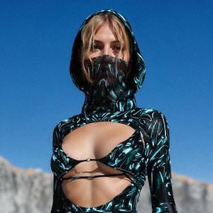 Rave Disco Hood Woman, Sexy Hooded Romper Set, Festival Long Sleeve Romper, Burning Man Disco Hood, Rave Outfit Woman, Festival Hooded Set