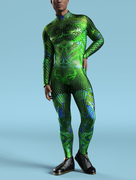 Cyber Clothing Men Futuristic Clothing Green Neon Bodysuit 