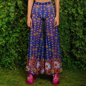 See Through Mesh Pants, Psychedelic Rave Wide Trousers Women, Boho Floral Print High Waist Hippie Sheer Festival Bottoms, Women Rave Wear