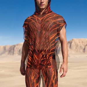 Rave Hooded Male Top, Festival Mesh Top, Performance UV Top, Mesh Male Top, Burning Men Top, Rave Festival Male Outfit, Man Rave Outfit