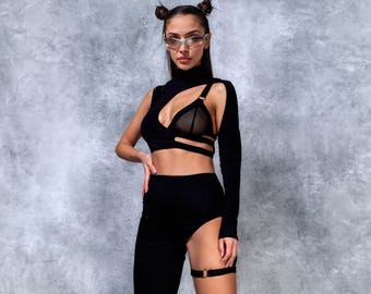 Rave Set For Women, Sexy Woman Festival Set, Rave Asymmetrical Set, Sexy Black Rave Set, Festival Outfit, Rave Clothing, Festival Wear Women
