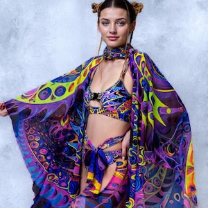 Trippy UV Rave Kimono for Women, Psychedelic Festival Robe, Flowing UV Outfit, Psychedelic Style Clothing, Women’s Festival Outfit