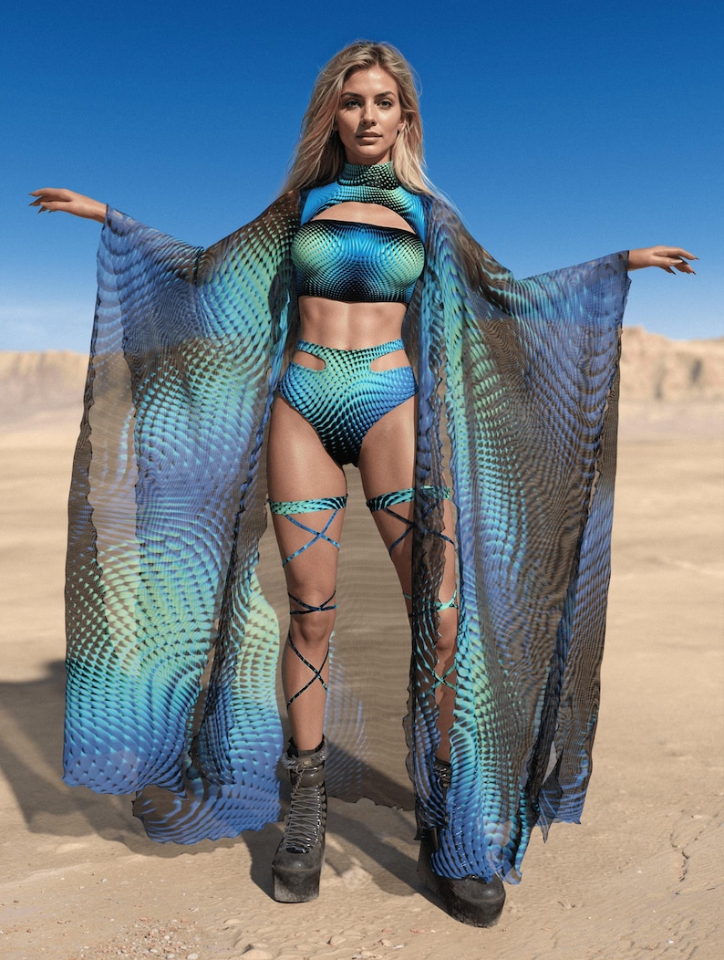 Kimono da festival per donna, abbigliamento da spettacolo per donna, kimono per feste rave, ali da rave per donna, abbigliamento da festival, abbigliamento da discoteca per donna, abbigliamento da rave immagine 2