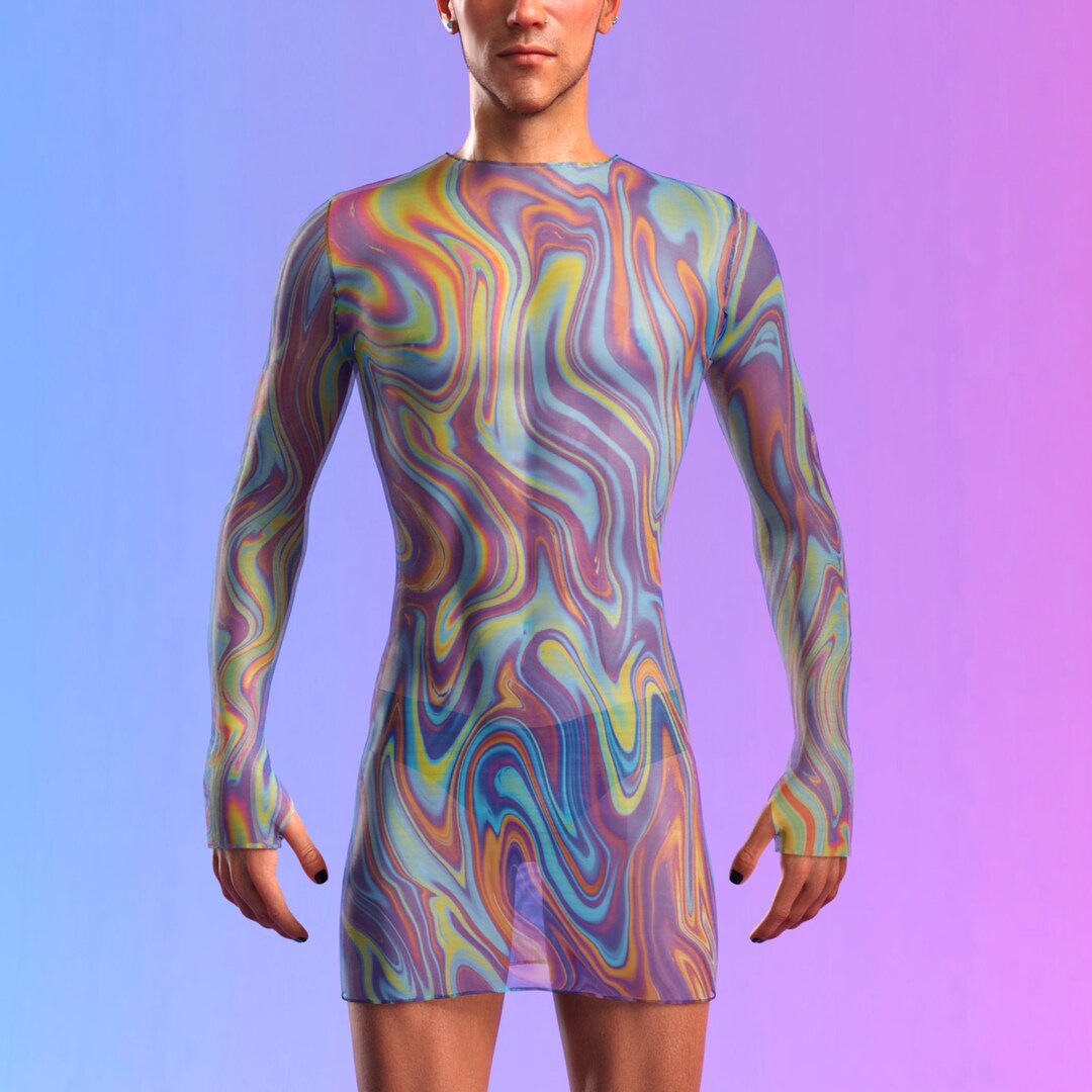 Male Mesh Long Sleeve Rave Dress, Transparent Short Dress for Men ...