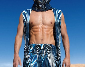 Aquametal Festival Vest: Asymmetrical Rave Outfit for Men