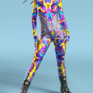 Glow in the Dark Festival Catsuit, Rave Costume, Festival Bodysuit, Psychedelic Festival Clothing, Rave Outfit, Burning Man Clothing Woman