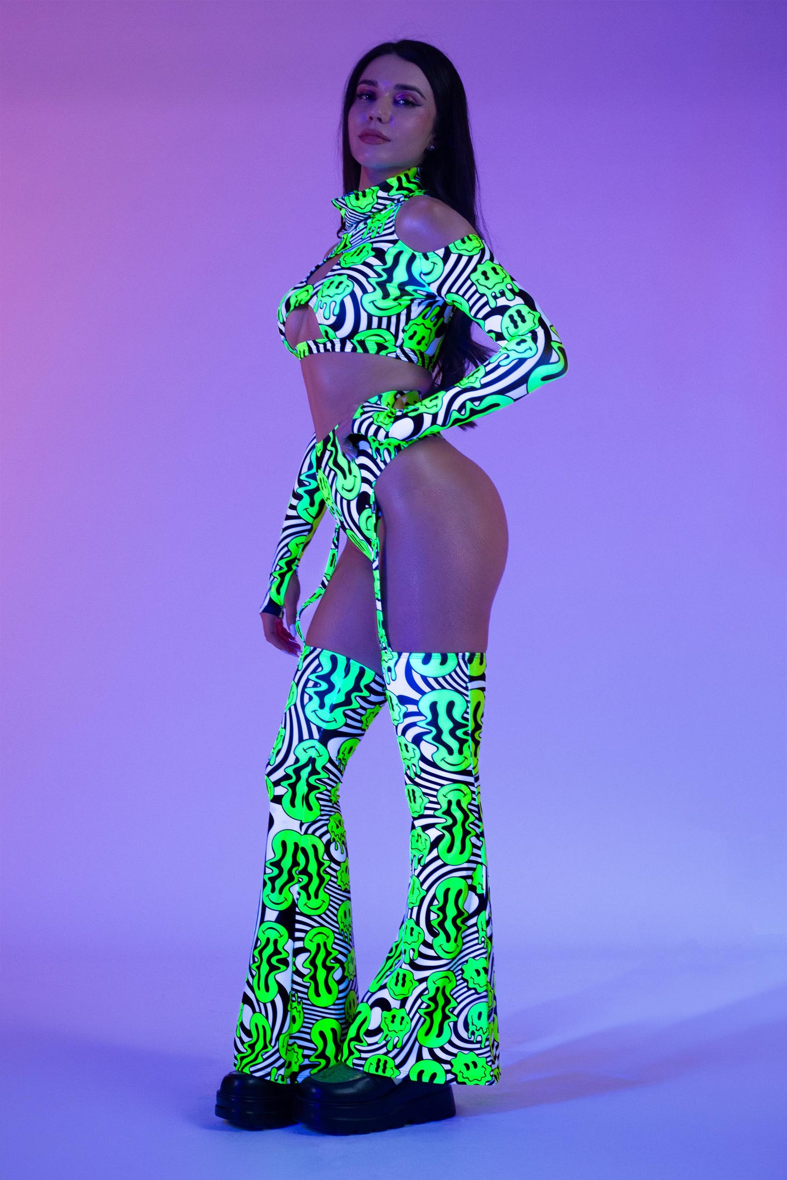 UV Reactive Festival Rave Set for Women – Cold Shoulder Top and Flared ...
