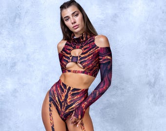 Halloween Demon Top, Sexy Red Festival Costume, Gothic Witchy Outfit Women, Dark Fantasy Party Clothing, Rave Enchanted Style