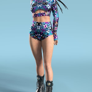 Geometric Rave Outfit: Sexy Festival Set with Shorts and Top