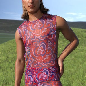 Hippie Psychedelic Mesh Top, Hippie Transparent Male Top, Festival Disco Hippie Top, See Through Hippie Men Top, Floral Hippie Top For Man