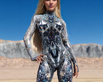 Rave Bodysuit Woman, Silver Costume Woman, Rave Costume, Festival Bodysuit, Burning Man Costume Woman, Festival Clothing, Rave Woman Outfit