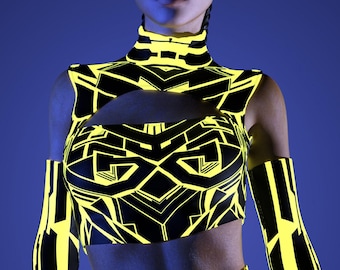 Crop top Rave à découpes : tenue de festival de lumière néon UV