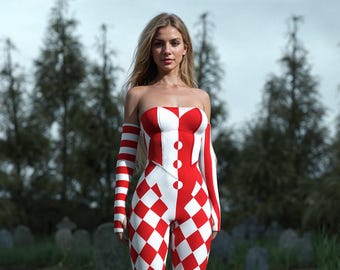 Röd clown-sparkdräkt: Axelbandslös Halloween-cosplayjumpsuit