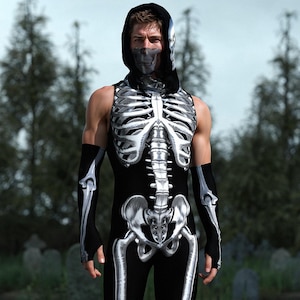 Men's Silver Skeleton Costume: Sleeveless Hooded Bodysuit