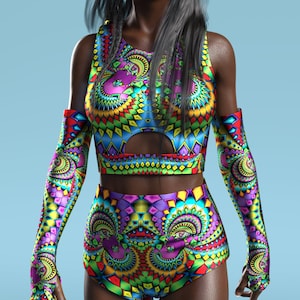 Set met festival crop-top met capuchon: psychedelische ravewear