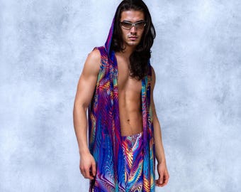 Male Psychedelic Mesh Hooded Vest, Men Asymmetrical Sleeveless Top, Psychedelic Rave Performance Clothing, Trippy Festival Top for Men