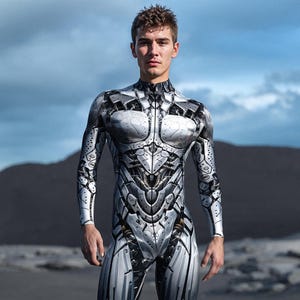 May include: A futuristic silver and gray bodysuit with intricate mechanical detailing. The full-body garment features a high collar and long sleeves, creating a sleek, armored appearance. The design incorporates panels and lines, suggesting a robotic or cybernetic theme.