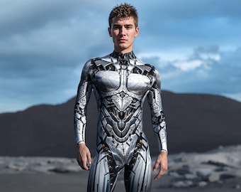 May include: A futuristic silver and gray bodysuit with intricate mechanical detailing. The full-body garment features a high collar and long sleeves, creating a sleek, armored appearance. The design incorporates panels and lines, suggesting a robotic or cybernetic theme.