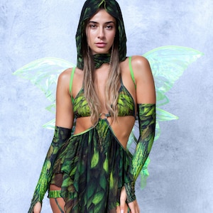 May include: A green and black fairy costume with leaf patterns, including a hooded top, arm sleeves, and a skirt. The costume features a cutout design and is accessorized with translucent green wings.