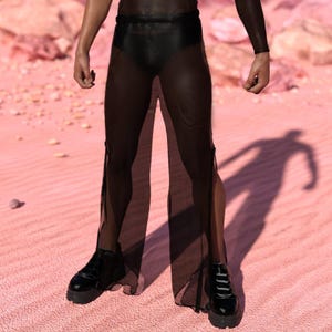 Festival Black Man Pants, Split Pants For Men, Rave Party Mesh Male Pants, Festival Disco Pants, Rave Festival Pants, Disco Mesh Male Pants