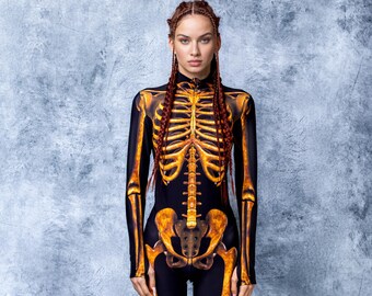 Golden Skeleton Bodysuit Costume: Women's Halloween Full Bodysuit Cosplay