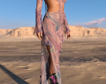 Vestido largo transparente para mujer, vestido largo con aberturas para festivales, atuendo de malla para festivales, vestido de festival, atuendo para rave