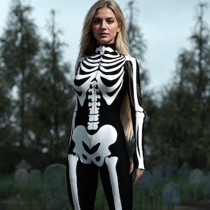 Body de esqueleto: disfraz blanco y negro para mujer