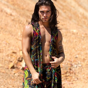 Men’s Mesh Hooded Vest, Festival Male Outfit, Burning Man Clothing, Psychedelic Rave Wear, Psychedelic Vest for Men, Sexy Festival Style
