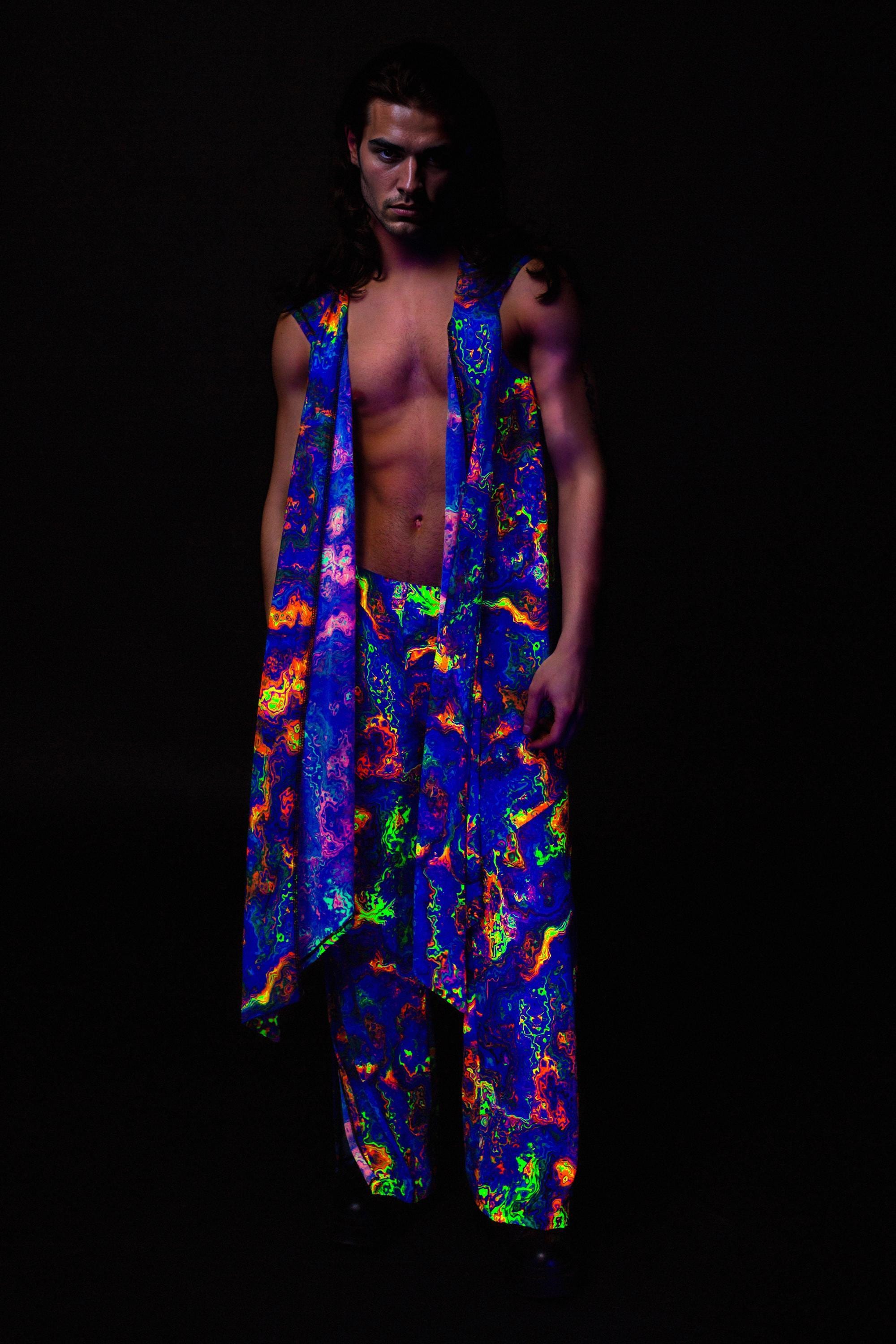 Male UV Psychedelic Festival Set, Trippy Mesh Hooded Vest and Split ...