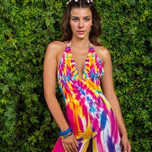 Trippy Rave Halter Romper, Multicolor Psychedelic Jumpsuit, Boho Style, Linen Look Rave Romper, Wide Leg One Piece, Festival Wear for Women