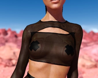 Top con aberturas para festivales, top de malla para rave, top transparente y sexy, top de malla para festivales, atuendo transparente, top para fiesta disco, atuendo para Burning Man para mujer