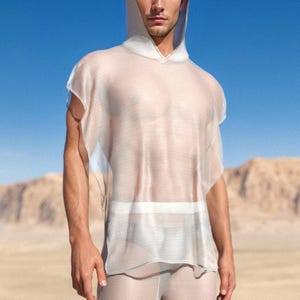 Blusa com capuz para festivais rave, blusa branca masculina, blusa para o festival Burning Man, blusa masculina para rave, blusa masculina para festivais, blusa com capuz em tela, blusa para performance em discoteca