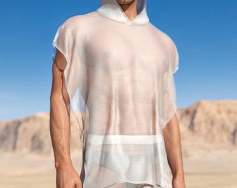 Rave Festival Hooded Top, White Male Top, Burning Man Festival Top, Rave Male Top, Festival Top Men, Mesh Hooded Top, Performance Disco Top