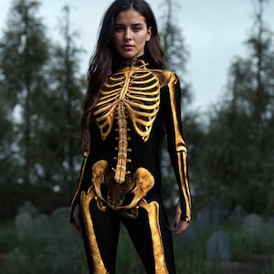 Adult Halloween Costume, Halloween Costumes for Women, Skeleton Costume Women, Skeleton Bodysuit, Cosplay Costume Women, Golden Skeleton