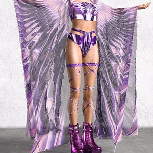 Rave Kimono Woman, Psychedelic Clothing Women, Festival Party Kimono, Women Rave Wings, Rave Clothing, Disco Women Outfit, Festival Outfit