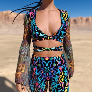 Psychedelic Rave Top, Rave Mesh Top, Festival Infinity Crop Top, Festival Fashion Top, Bell Sleeve Mesh Top, Wide Sleeve Top, Pool Party Top