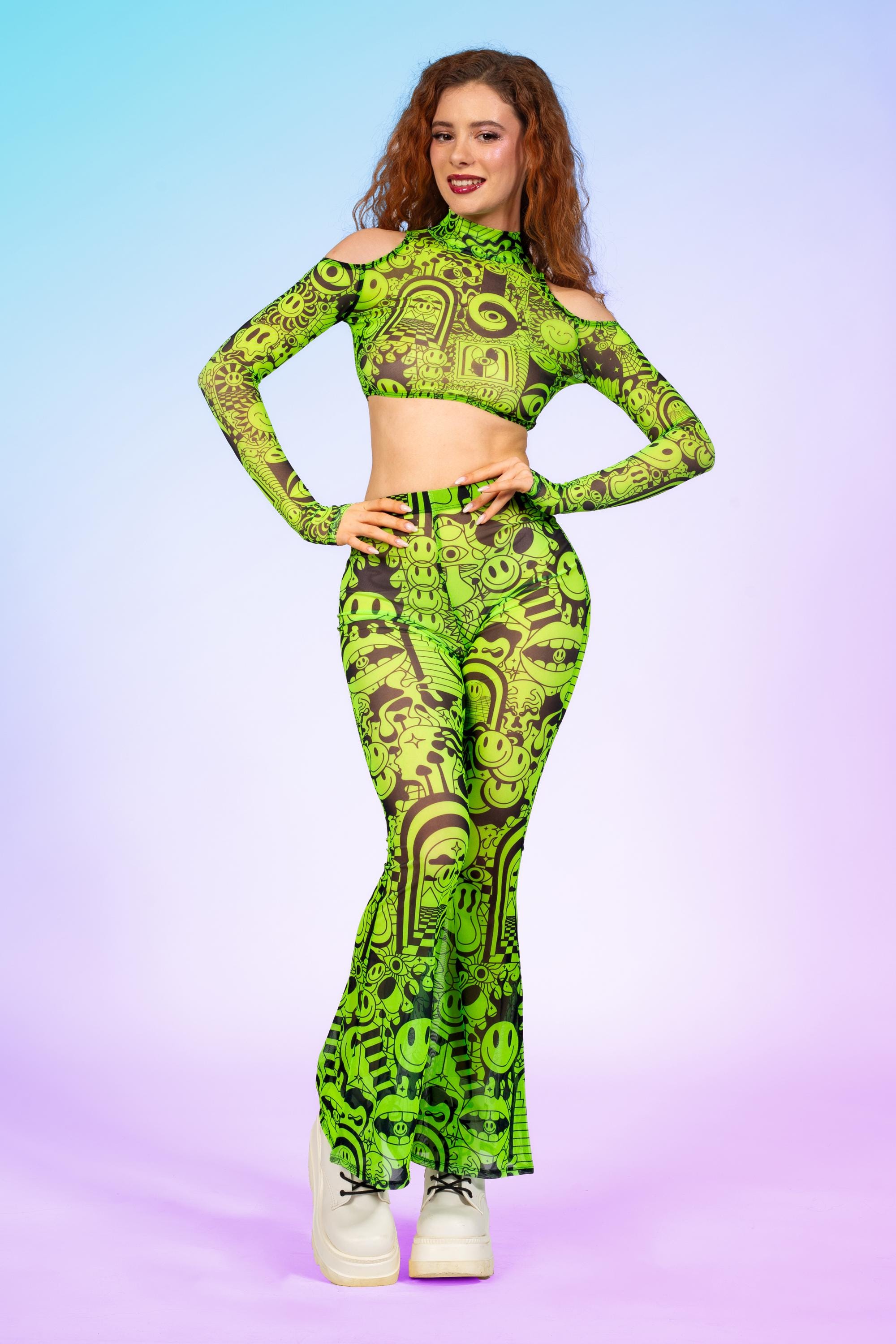 UV Reactive Festival Outfit Set for Women – Mesh Cold Shoulder Top and ...