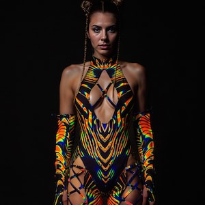 UV Rave Jumpsuit, UV Psychedelic Jumpsuit, Festival Cutout Jumpsuit Woman, Rave Outfit Woman, Criss-Cross Jumpsuit, Sexy Jumpsuit Set