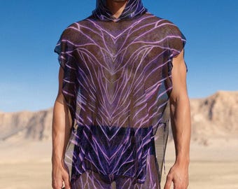 Top de malla para festival, top con capucha para hombre, top morado de alto rendimiento con protección UV, top de malla, top para hombre Burning Men, atuendo para festival rave masculino, atuendo para rave masculino