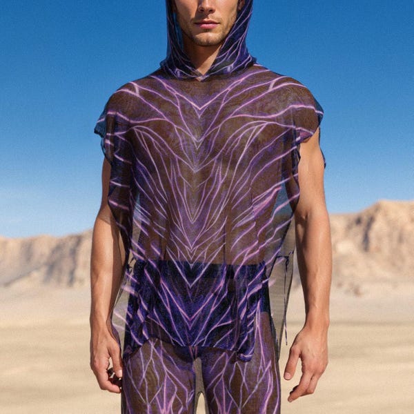 Festival Mesh-Top, Männer-Top mit Kapuze, Leistung Lila UV-Top, Netzchen-Top, Brennende Männer Männer Top, Rave Festival Männer-Outfit, Mann-Rave-Outfit