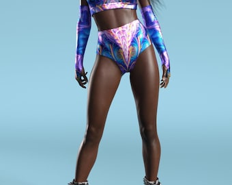 Vêtements futuristes, Haut Rave, Shorts Rave, Ensemble Rave, Short butin, Vêtements psychédéliques, Tenue Burning Man, Tenue Rave, Femme Rave Wear
