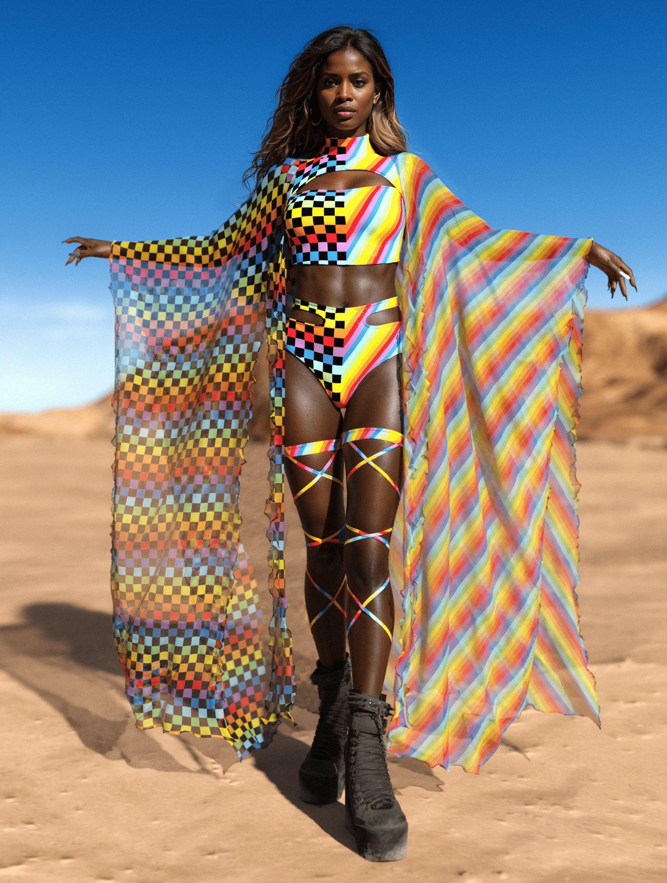 Rainbow Pride Kimono: Checkered Rave Festival Outfit - Etsy