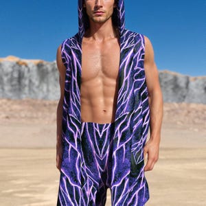 Magenta Burst Hooded Rave Vest: Asymmetrical Festival Outfit
