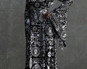 Occult Witcher Dress: Women's Halloween Costume, Long Black Printed Gown