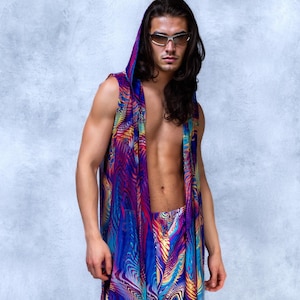 Male Psychedelic Mesh Hooded Vest, Men Asymmetrical Sleeveless Top, Psychedelic Rave Performance Clothing, Trippy Festival Top for Men
