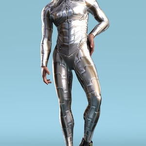 Silver Droid Costume Men: Halloween Robot Full Bodysuit, Rave Festival Outfit