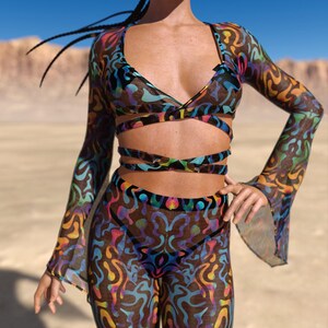 Rave Mesh Top, Festival Infinity Crop Top, Transparent Mesh Festival Top, Festival Fashion Top, Bell Sleeve Mesh Top, Burning Man Clothing