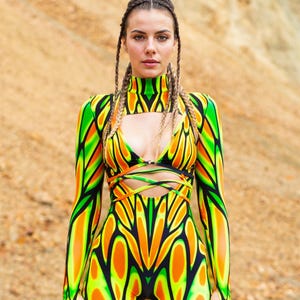 UV Reactive Bodysuit, Psychedelic Bodysuit, Festival Rave Bodysuit, Mesh Lycra Bodysuit, Long Sleeve Bodysuit, Women’s Sexy Bodysuit